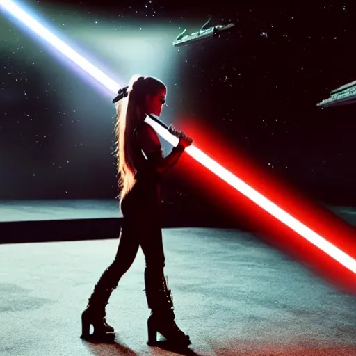 Image similar to Ariana Grande in star wars, light saber,. 8K resolution. award winning photography,