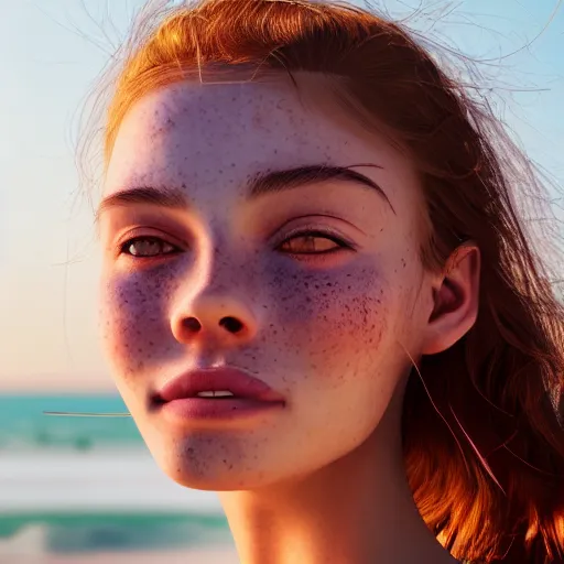 Image similar to beautiful serene intricate portrait of a cute thin young woman, red blush, cute freckles, smug smile, modern clothes, relaxing on the beach, golden hour, close up shot, soft focus, 8 k, art by irakli nadar, hyperrealism, hyperdetailed, ultra realistic