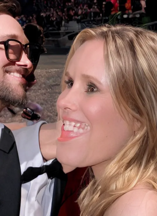 Image similar to pov, first - person - view, cameras's pov of a date with kristen bell, kristen is going for a kiss to the camera's pov