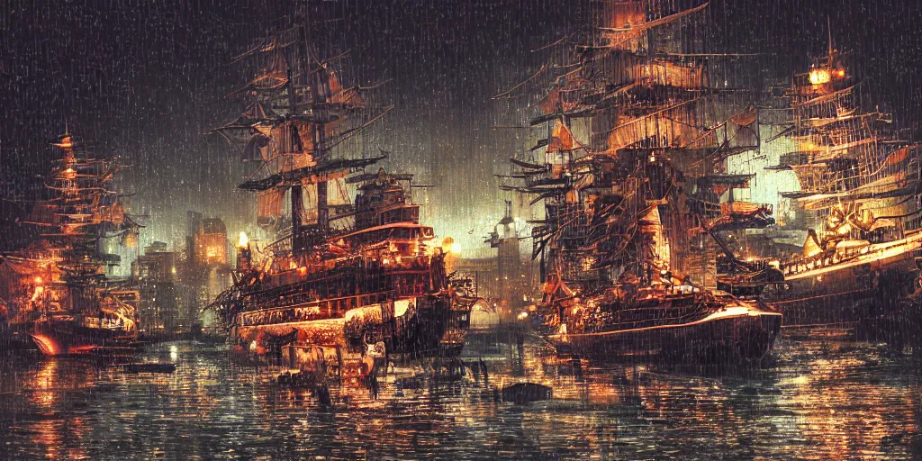 Prompt: cruiser sailing on flooded miniature kowloon city at night, raining, misty, art by yoshitaka amano, and artgerm, pixel art