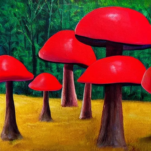 Prompt: modern painting giant mushrooms with red caps in a forest that is bright and cheerful