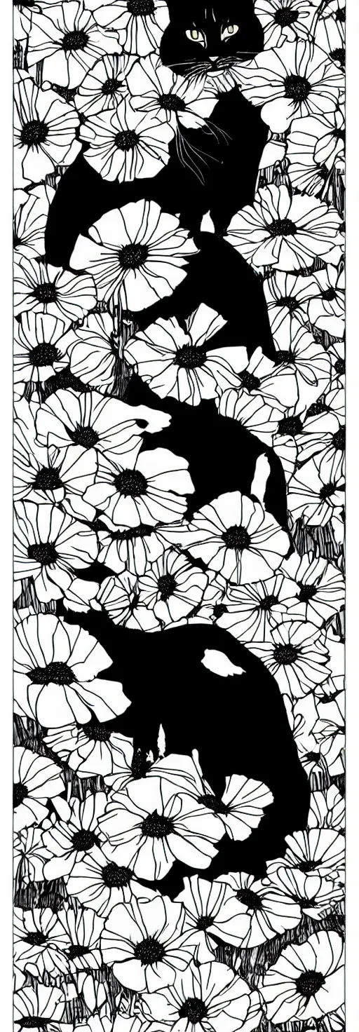 Prompt: black and white minimalist risograph poster of a mackerel tabby cat sitting in california poppies, black and white