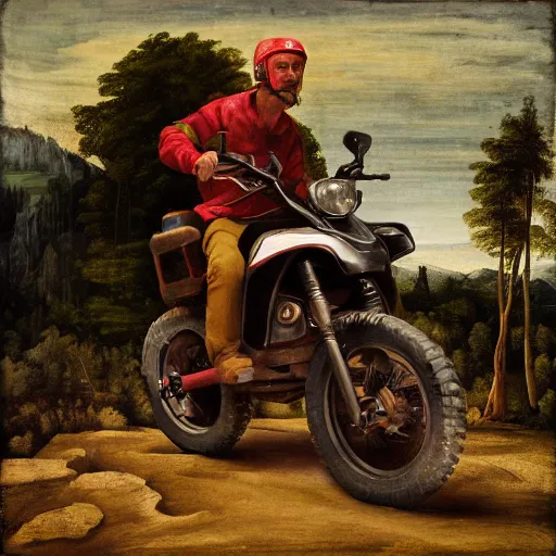 Prompt: guy on all terrain vehicle, renaissance painting by jerome bosch