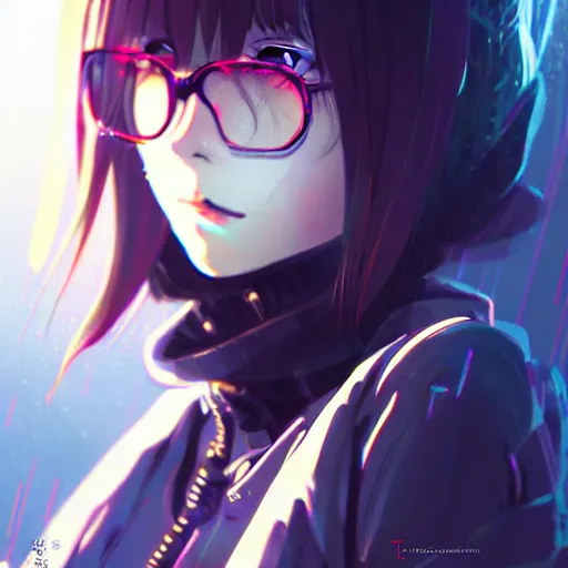 Image similar to by kyoto animation, cool girl wearing cyberpunk intricate streetwear, beautiful, detailed symmetrical close up portrait, intricate complexity, in the style of artgerm and ilya kuvshinov, cell shaded, 4 k, concept art, by wlop, krenz cushart, greg rutkowski, pixiv. cinematic dramatic atmosphere, cinematic lighting, studio quality