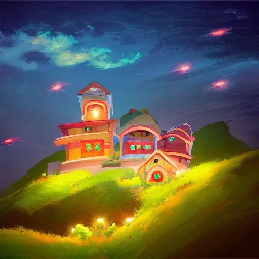 Image similar to beautiful 3 d painting of a colourful house on a hilltop at midnight with small fireflies flying around, in the style of studio ghibli, artstation, unreal engine