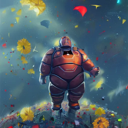Prompt: portrait of morbidly obese Ironman struggling to fly, colorful metal, bright metal, silver metal, flowers, brushwork, Golden embers flying,vivid color.digital 2D, painterly style, cinematic matte Illustration,trending on pixiv and artstation.Fantastic depth-of-field effect in Bacnground,by Wlop,Mika Pikazo，Yoneyama Mai，Makoto Shinkai, VOFAN