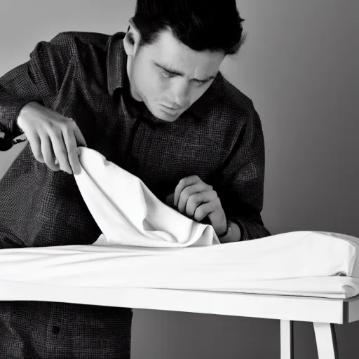 Image similar to a man ironing his collar shirt on a bed, photography, award winning, hyper detailed, dim lighting, 8 k