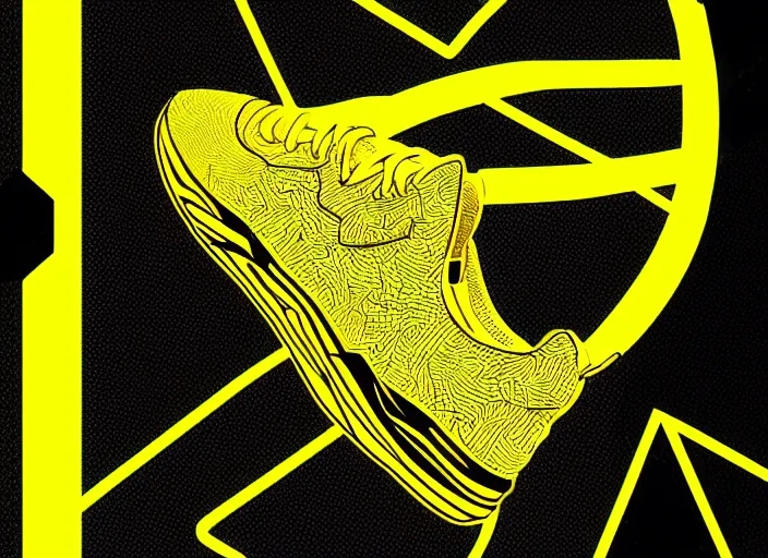 Image similar to sneaker concept, wth short golden lines, yellow details, highly detailed, digital art, sharp focus, trending on art station, anime art style