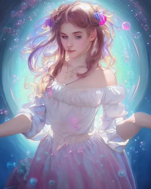 Image similar to portrait of magical lolita girl, dreamy and ethereal, expressive pose, big blue eyes, exciting expression, fantasy, intricate, elegant, many rainbow bubbles, rose tones, highly detailed, digital painting, artstation, concept art, cyberpunk wearing, smooth, sharp focus, illustration, art by artgerm and greg rutkowskiand alphonse mucha