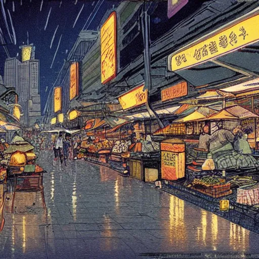 Prompt: concept art of a singaporean wet market at night, by moebius