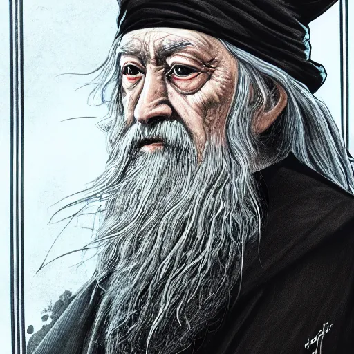 Image similar to a close up portrait of Dumbledore, focused gaze, art station, highly detailed, concept art