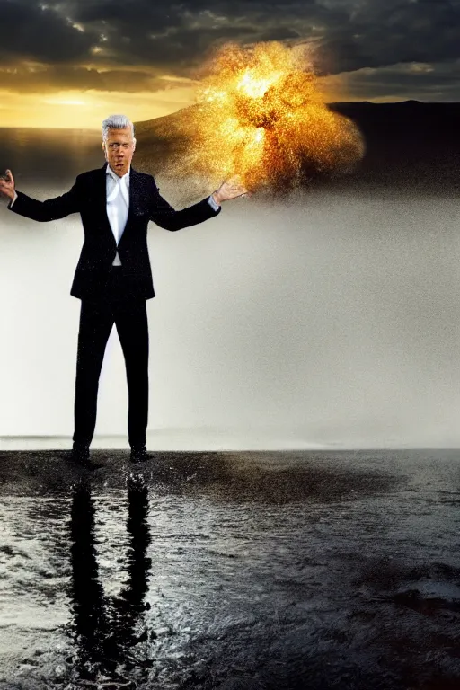 Image similar to h. p. baxxter standing in water with explosion in background, full body, reflection in water, volumetric lighting, golden ratio