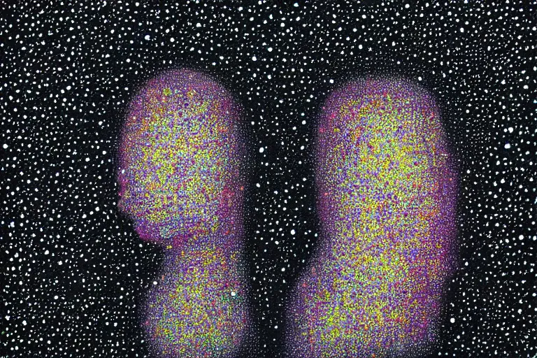 Image similar to face made out of planet, faceless people dark, dots, drip, stipple, pointillism, technical, abstract, minimal, style of francis bacon, asymmetry, pulled apart, cloak, hooded figure, made of dots, abstract, balaclava