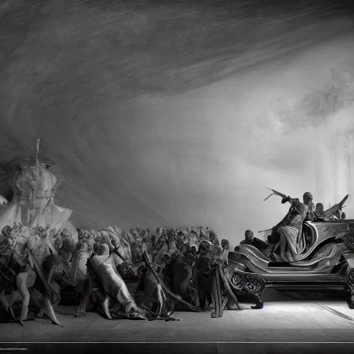 Prompt: full lenght sci-fi car in the coronation of napoleon painting by Jacques-Louis David in nachtwacht rembrandt and point cloud in the middle and everything in form of zaha hadid architects unreal engine 5 keyshot octane lighting ultra high detail ultra hyper realism 8k 16k in plastic dark tilt shift full-length view
