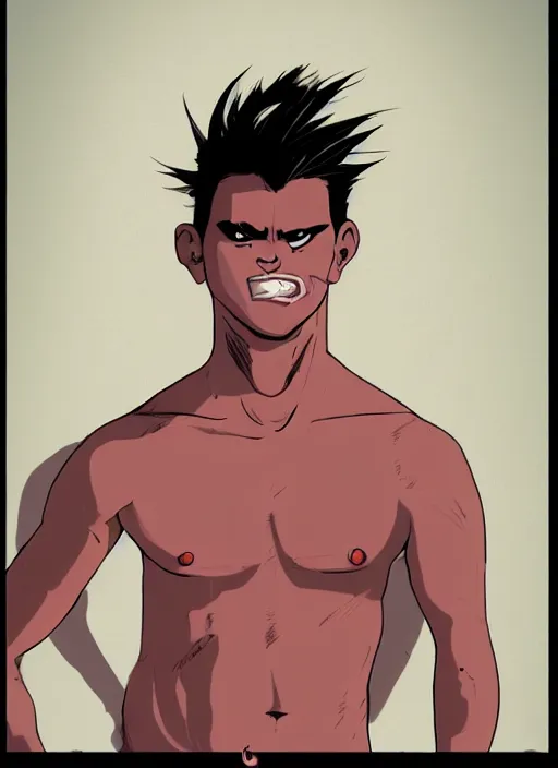 Image similar to a young man of 2 5 years old, with a bruised face and bruises, is standing in a doorway in a boxer's stance, casual clothing style, details, daria kelly, ricky marts, sergio jimenez, david fincher film, manga style, hairstyle red mohawk, cold colors, comics style, 8 k