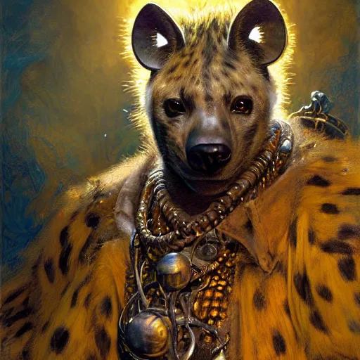 Image similar to portrait of a hyena gnoll shaman wizard. shadowrun furaffiniy cyberpunk fantasy highly detailed painting by gaston bussiere craig mullins jc leyendecker gustav klimt artgerm greg rutkowski john berkey, bergey, craig mullins, ruan jia, raymond swanland, jeremy mann, tom lovell, alex malveda