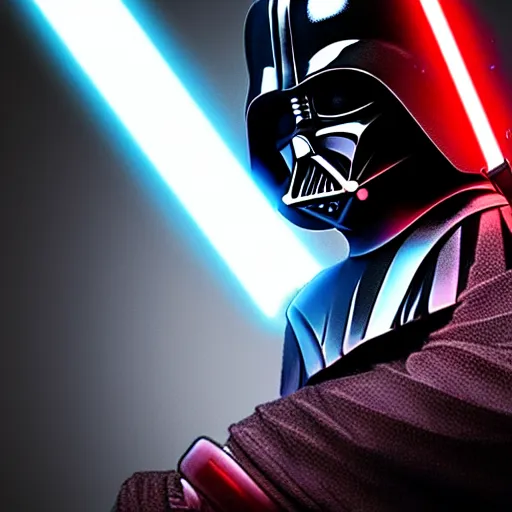 Image similar to Darth Vader with a red lightsaber, realistic, 4K, full colour