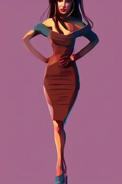 Prompt: full length including face illustration of very beautifully female looking like angelina jolly, shy pose, with amazing body figure, wearing tight short dress, tails haircut, digital painting, trending on art station and devian art, pop art, low polygons illustration