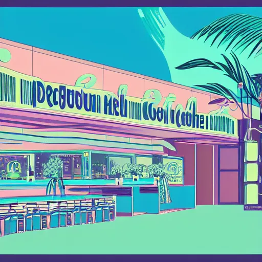 Image similar to art deco vaporwave illustration of a mall food court in pastel colors