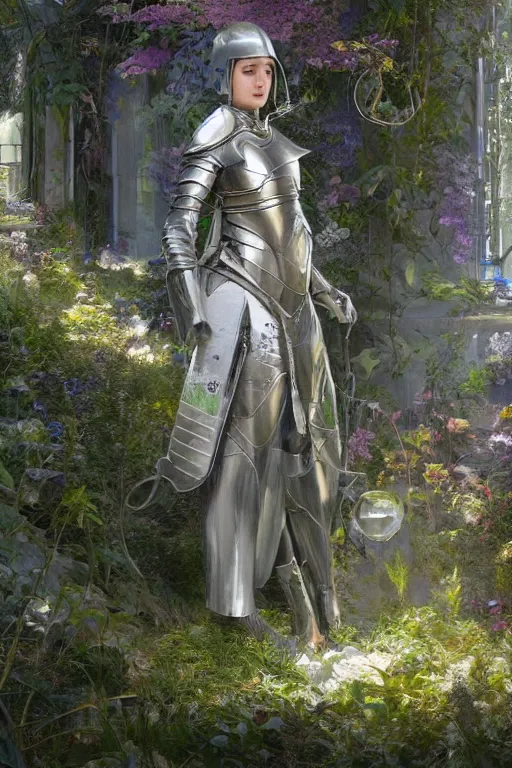 Prompt: female knight errant in a high tech botanical world with blue skies| pristine metals, glass and plants | solarpunk | artstation | | high detail | ultra realistic | sunlight | Jules Joseph Lefebvre, vincent callebaut