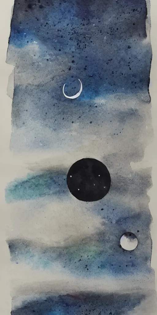 Image similar to traditional oriental water colour of space, liminal, lonely, highly detailed, black ink, moon hovers above