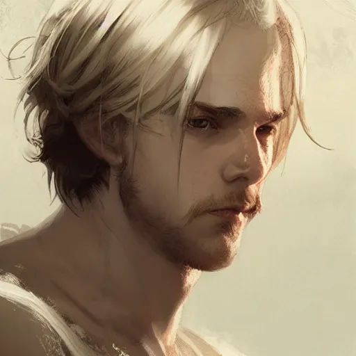 Image similar to boy with snow white shoulder-length hair, wearing a white flowing robe. beautiful hyperdetailed eyes, concept art, illustration, by greg rutkowski