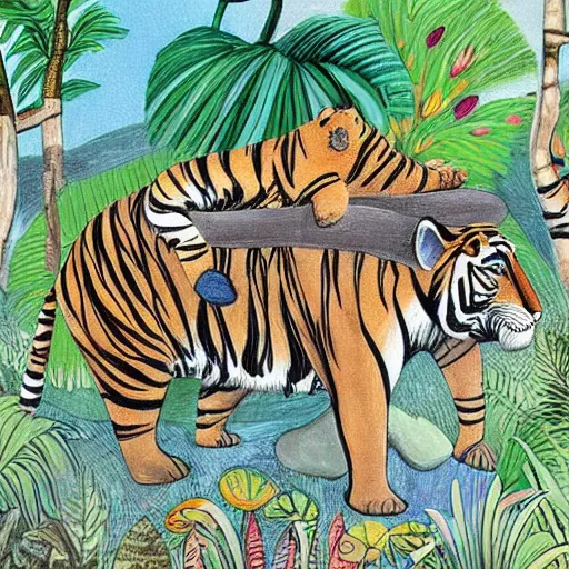 Prompt: detailed illustration, a tiger and elephant in the style of may gibbs, layered composition, layers, texture, textured, layered, sculpted, dynamic, jungle, tropical, 🌱, 🦋,