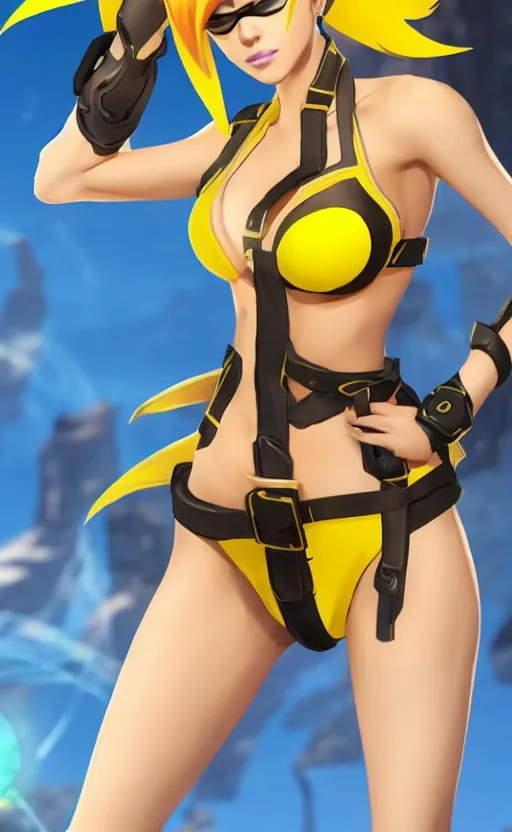 Image similar to tracer game character, in yellow bikini, blonde hair, black eyes, full height