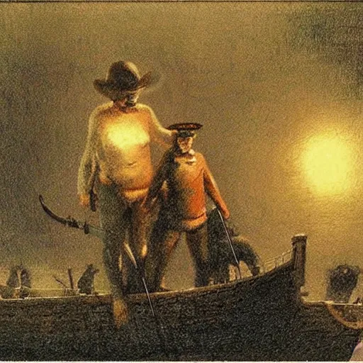 Image similar to night piracy, extremely detailed masterpiece, Roger Deakin’s cinematography, illustration, by Michael Sowa,