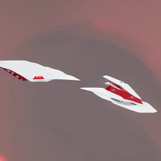 Prompt: two sleek white long spacecraft with red details, no wings, flying over the surface of mars, highly detailed, photorealistic, cinematic, sci-fi, octane render