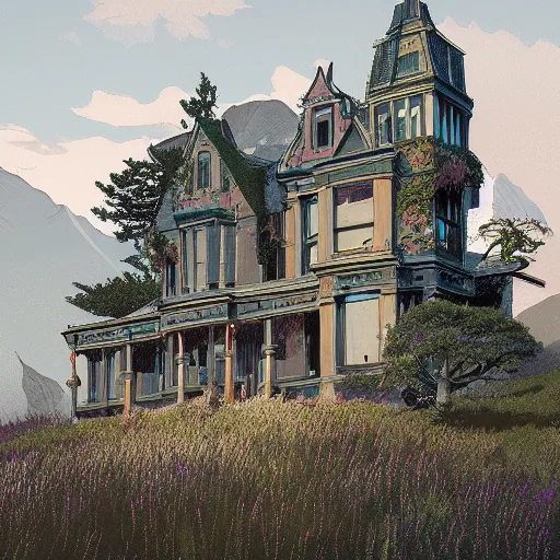 Image similar to illustration of an old victorian mansion, with beautiful mountain heather growing around it, large windows, greg rutkowski, mcbess