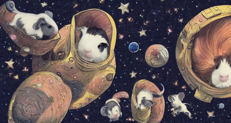 Image similar to realistic guineapigs's portrait on the cover of vogue magazine flying in space suits, deep dark universe, twinkling and spiral nubela, warmhole, beautiful stars, 4 k, 8 k, by hokusai, samurai man vagabond, detailed, editorial illustration, matte print, concept art, ink style, sketch, digital 2 d