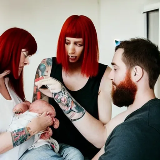 Image similar to photo of a slender attractive couple. The woman has long straight red orange hair. The man has a dark thick neatly groomed beard and tattoos. The man is giving the woman a haircut while she feeds a baby.