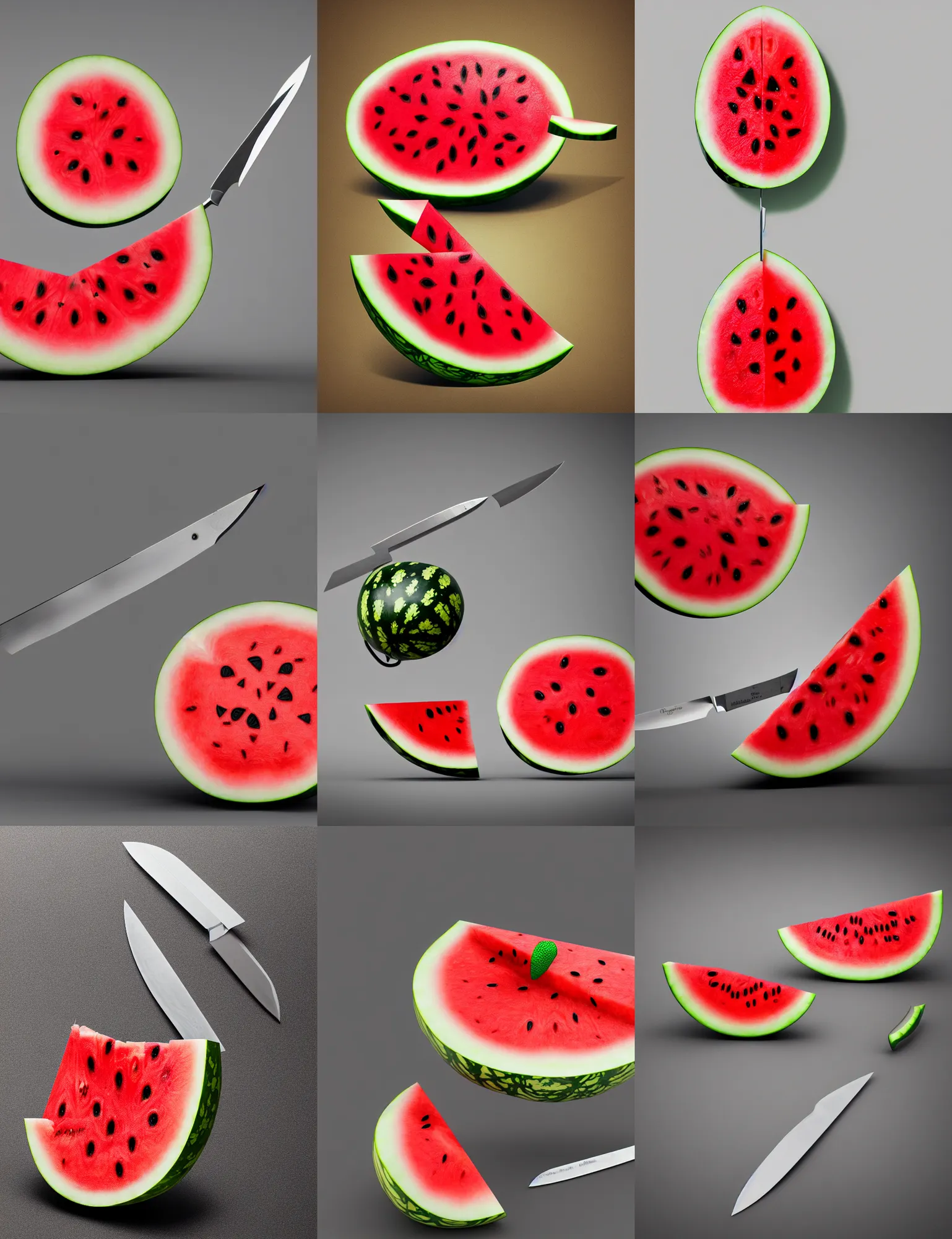 Prompt: a watermelon pierced through by a knife, detailed render, 8k, cgsociety