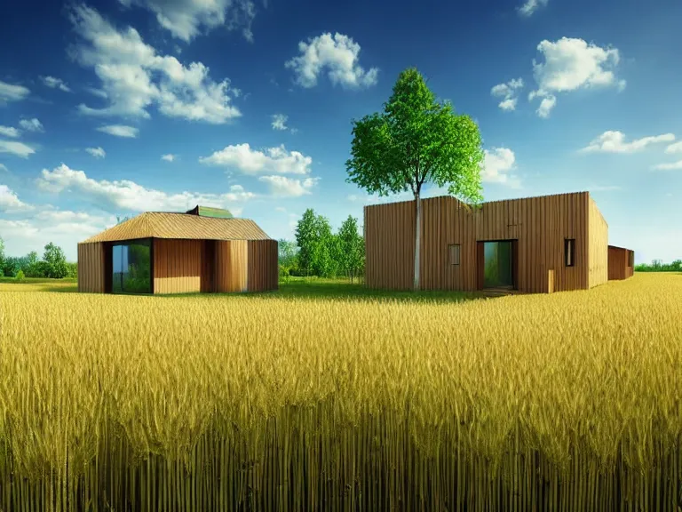 Prompt: hyperrealism design of beautiful eco house around the forest in small ukrainian village by taras shevchenko, wheat field behind the house