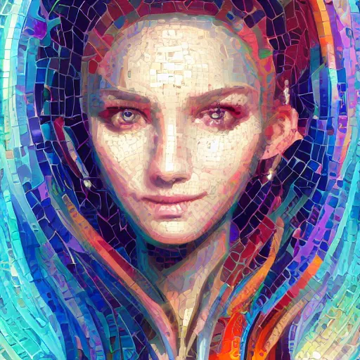 Image similar to mosaic portrait of a beautiful young girl with robot ears falling into the sun by Ross Tran, 4k, intricate details