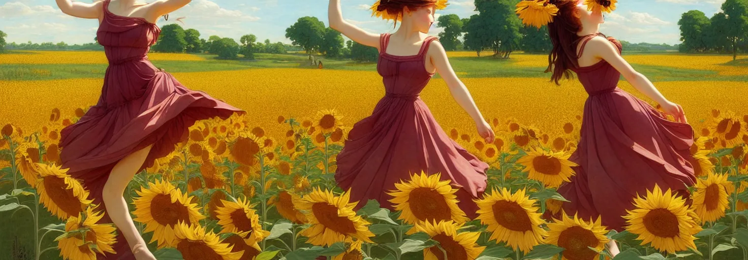 Image similar to beautiful young girl dancing in a fiery dress in a beautiful field of sunflowers and lilies, like leonardo da vinci sketches! in the style of studio ghibli, j. c. leyendecker, greg rutkowski, artgerm