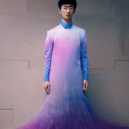 Image similar to a beautiful young japanese male wearing an ombre cotton candy gown designed by alexander mcqueen, photographed by andrew thomas huang for a fashion editorial