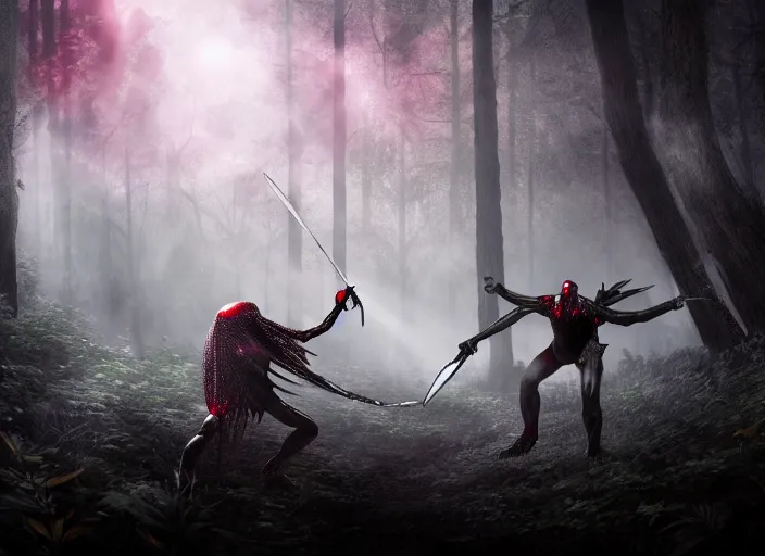 Prompt: knight fights off a giant white crystal clear spider with huge red eyes in a forest. highly detailed 8 k. intricate. lifelike. soft light. fantasy horror style. cinematic post - processing