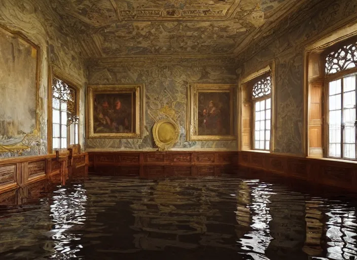 Image similar to a renaissance castle room flooded with water,