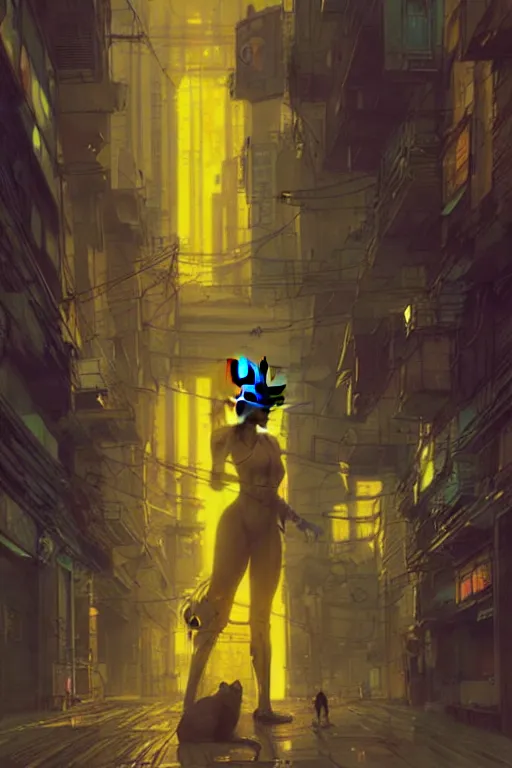 Prompt: yellow cat inside a cyberpunk city, highly detailed, digital painting, artstation, concept art, sharp focus, illustration, art by greg rutkowski and alphonse mucha