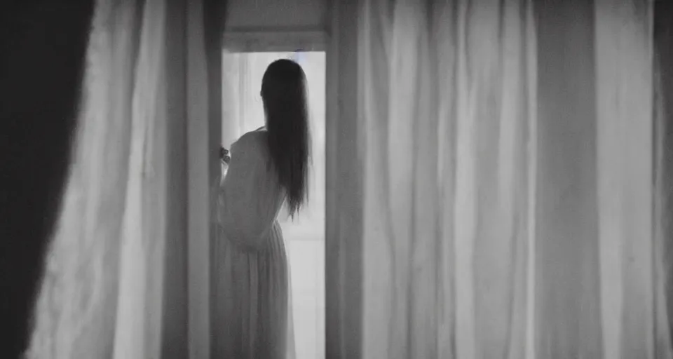 Prompt: Halloween film, cinematic tones. Scene where a woman in white looking the garden through the window at midnight, focus her back