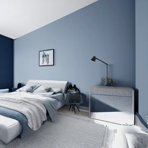 Prompt: designer photograph of minimalist bedroom, colors of blues and grey