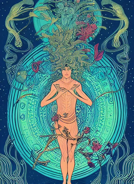 Prompt: beautiful tarot illustration of apollo, in the style of james jean and victo ngai, mystical colors, trending on artstation