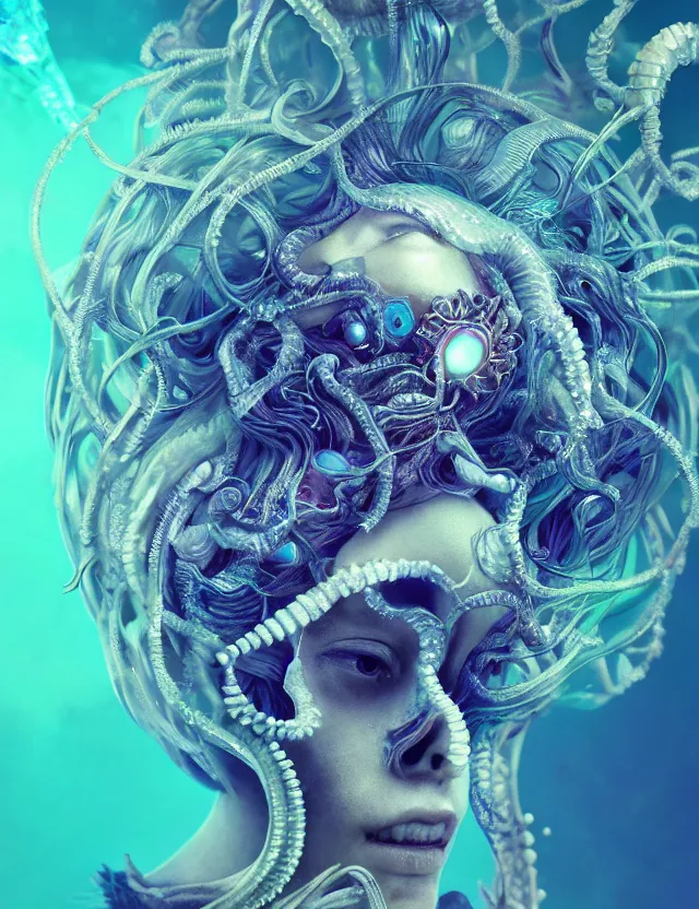 Image similar to goddess macro close - up portrait in crown made of ram skull. betta fish, jellyfish phoenix, bioluminiscent, plasma, ice, water, wind, creature, super intricate ornaments artwork by tooth wu and wlop and beeple and greg rutkowski