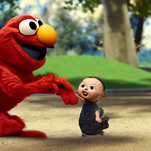 Prompt: stunning, coherent, impressive, detailed still of black family kicking elmo in a fantasy dream world park, follow shot, 3d, in the style of pixar, comic book style, 3d, highly detailed, sharp focus, bokeh, depth of field, 16k resolution, Unreal Engine 5, coherent, cinematic lighting, photorealistic, by Zhang Jingna