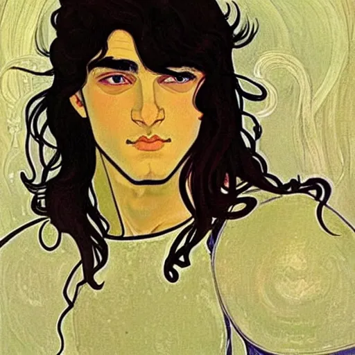 Image similar to painting of handsome beautiful paladin elf! man with long wavy dark hair in his 2 0 s named shadow taehyung at the blueberry party, wearing armor!, elegant, clear, painting, stylized, delicate, soft facial features, art, art by alphonse mucha, vincent van gogh, egon schiele,