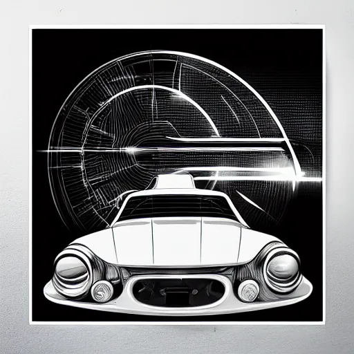Prompt: the car from the future, vintage, futuristic style, black and white, poster
