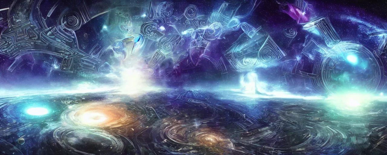 Image similar to void manifold, timeline nexus, ascending universes, shining nordic runes, galaxy worth of computation, an illustration of philosophical concept by cgsociety and james gurney