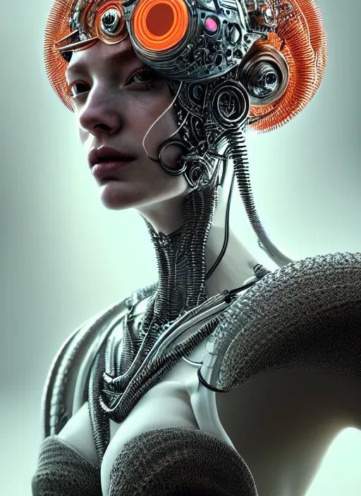 Image similar to portrait of an absurdly beautiful, graceful, sophisticated, fashionable cyberpunk mechanoid, hyperdetailed illustration by irakli nadar and alexandre ferra, intricate linework, white porcelain skin, faberge, coral headdress, unreal engine 5 highly rendered, global illumination, radiant light, detailed and intricate environment